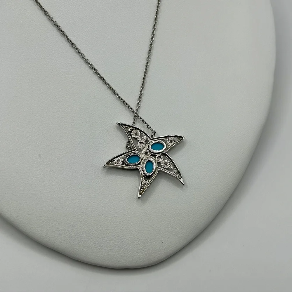 Coastal Silver Turquoise Starfish Pendant Necklace